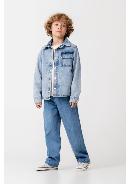 Erkek Çocuk Pamuklu Denim Gömlek Ceket ve Geniş Paça Jean Takım
