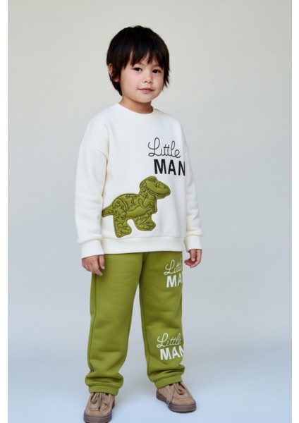 Erkek Çocuk Pamuklu Yeşil Little Man Dinazor Baskılı Eşofman Takımı - Rahat Kalıp Model