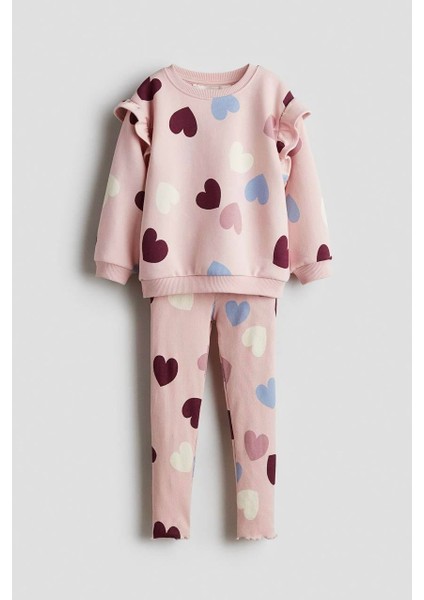 Kız Çocuk Pamuklu Pudra Kalpli Sweatshirt ve Tayt Takım - Fırfır Omuz Detaylı
