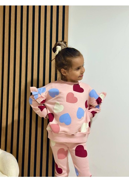 Kız Çocuk Pamuklu Pudra Kalpli Sweatshirt ve Tayt Takım - Fırfır Omuz Detaylı modelleri