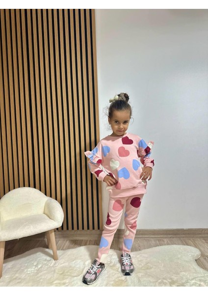 Kız Çocuk Pamuklu Pudra Kalpli Sweatshirt ve Tayt Takım - Fırfır Omuz Detaylı fırsatları