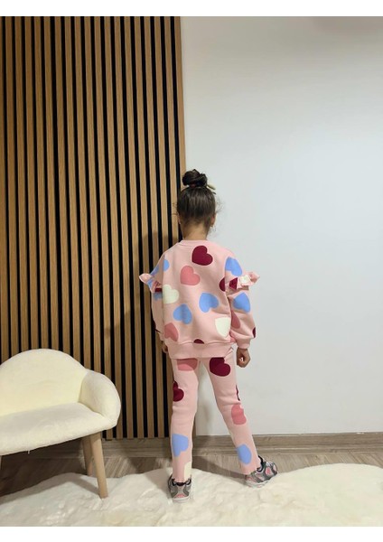 Kız Çocuk Pamuklu Pudra Kalpli Sweatshirt ve Tayt Takım - Fırfır Omuz Detaylı indirimleri