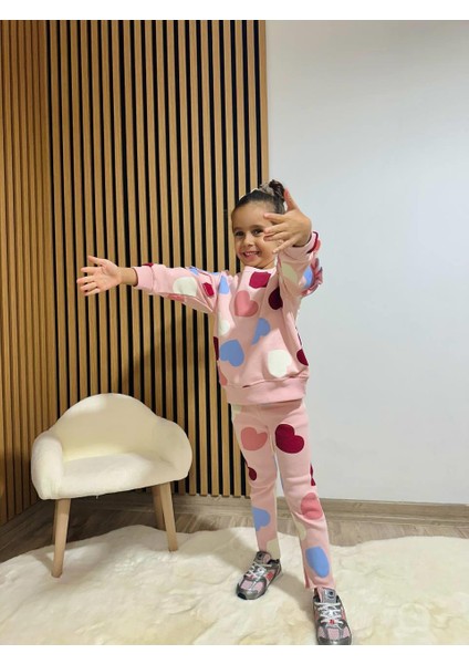 Kız Çocuk Pamuklu Pudra Kalpli Sweatshirt ve Tayt Takım - Fırfır Omuz Detaylı