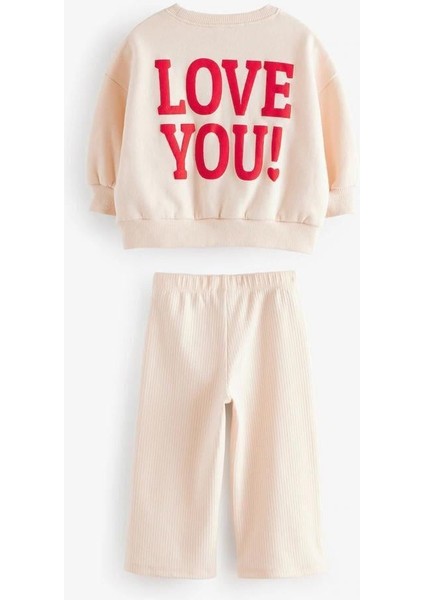 Kız Çocuk Pamuklu Bej Kalp Desenli Sweatshirt ve Geniş Paça Pantolon Takım - Yumuşak Dokulu Rahat Kalıp fırsatları