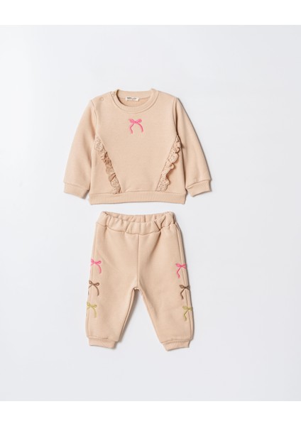 Kız Çocuk Pamuklu Krem Dantel ve Fiyonk Detaylı Eşofman Takımı - Yumuşak Kumaşlı Iki Parça Set