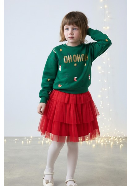 Kız Çocuk Pamuklu Yeşil Sweatshirt ve Kırmızı Tül Etek Takım - Yılbaşı Konseptli