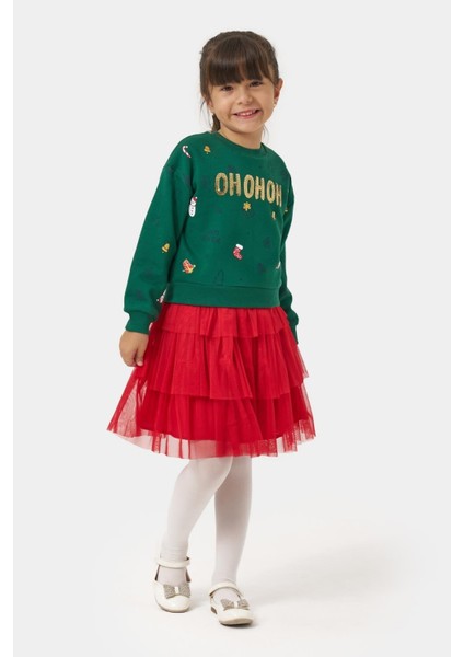 Kız Çocuk Pamuklu Yeşil Sweatshirt ve Kırmızı Tül Etek Takım - Yılbaşı Konseptli fiyatları