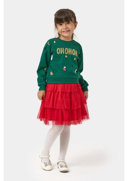 Kız Çocuk Pamuklu Yeşil Sweatshirt ve Kırmızı Tül Etek Takım - Yılbaşı Konseptli modelleri