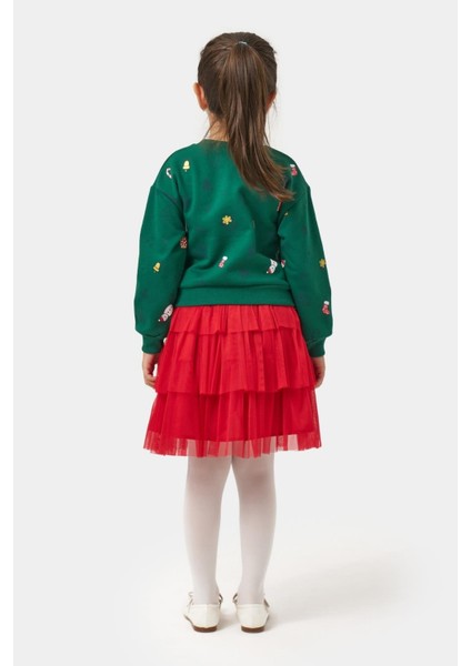 Kız Çocuk Pamuklu Yeşil Sweatshirt ve Kırmızı Tül Etek Takım - Yılbaşı Konseptli fırsatları