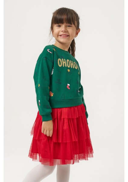 Kız Çocuk Pamuklu Yeşil Sweatshirt ve Kırmızı Tül Etek Takım - Yılbaşı Konseptli indirimleri