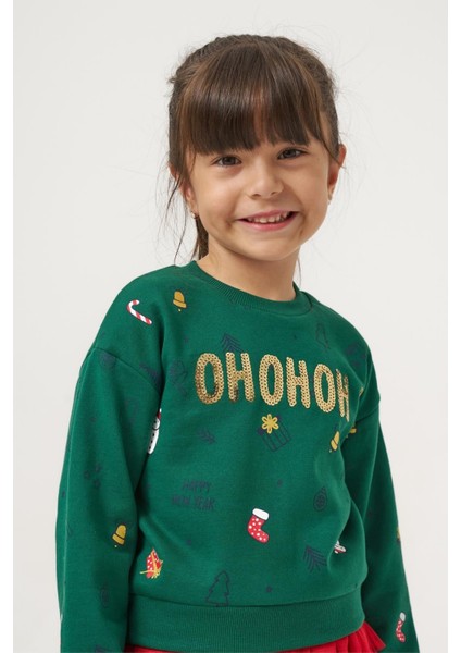 Kız Çocuk Pamuklu Yeşil Sweatshirt ve Kırmızı Tül Etek Takım - Yılbaşı Konseptli