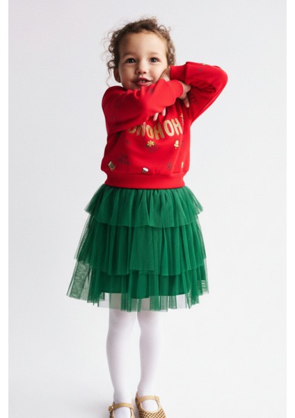 Kız Çocuk Pamuklu Kırmızı Sweatshirt ve Yeşil Tül Etek Takım - Yılbaşı Konseptli