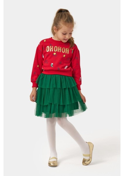 Kız Çocuk Pamuklu Kırmızı Sweatshirt ve Yeşil Tül Etek Takım - Yılbaşı Konseptli fiyatları