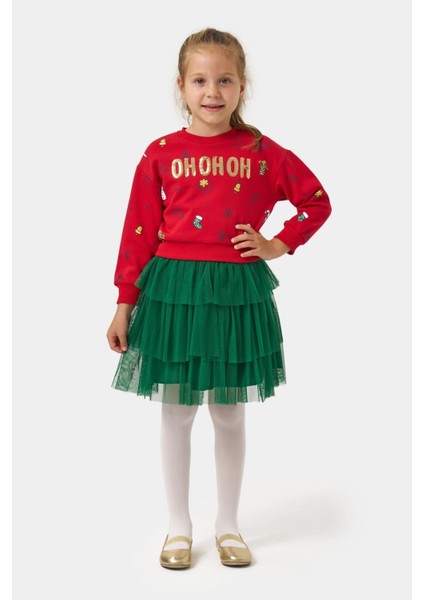 Kız Çocuk Pamuklu Kırmızı Sweatshirt ve Yeşil Tül Etek Takım - Yılbaşı Konseptli modelleri