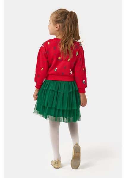 Kız Çocuk Pamuklu Kırmızı Sweatshirt ve Yeşil Tül Etek Takım - Yılbaşı Konseptli fırsatları
