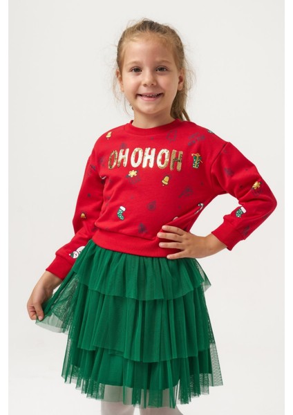 Kız Çocuk Pamuklu Kırmızı Sweatshirt ve Yeşil Tül Etek Takım - Yılbaşı Konseptli indirimleri