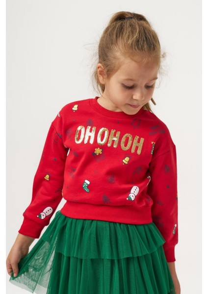 Kız Çocuk Pamuklu Kırmızı Sweatshirt ve Yeşil Tül Etek Takım - Yılbaşı Konseptli
