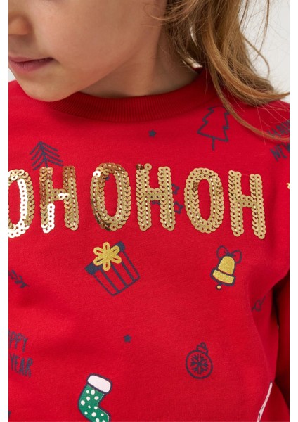 Kız Çocuk Pamuklu Kırmızı Sweatshirt ve Yeşil Tül Etek Takım - Yılbaşı Konseptli