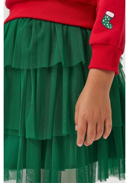 Kız Çocuk Pamuklu Kırmızı Sweatshirt ve Yeşil Tül Etek Takım - Yılbaşı Konseptli