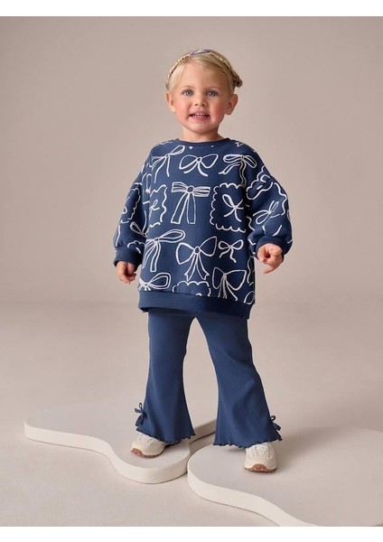 Kız Çocuk Pamuklu Lacivert Fiyonk Desenli Sweatshirt ve Volan Paça Eşofman Takımı