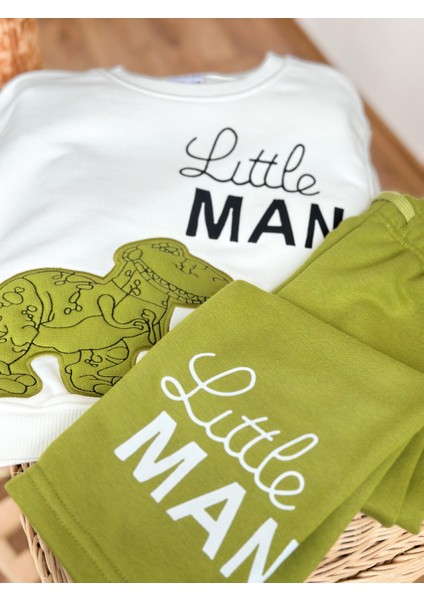 Erkek Çocuk Pamuklu Yeşil Little Man Dinazor Baskılı Eşofman Takımı - Rahat Kalıp Model indirimleri