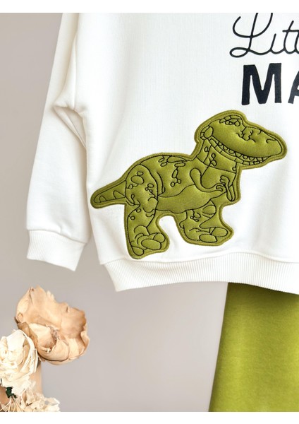 Erkek Çocuk Pamuklu Yeşil Little Man Dinazor Baskılı Eşofman Takımı - Rahat Kalıp Model