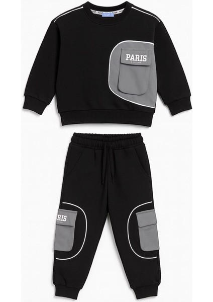 Erkek Çocuk Pamuklu Siyah Gri Cepli Paris Yazılı Eşofman Takımı - Modern Iki Parça Set fiyatları