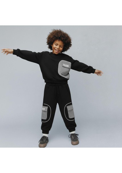 Erkek Çocuk Pamuklu Siyah Gri Cepli Paris Yazılı Eşofman Takımı - Modern Iki Parça Set modelleri