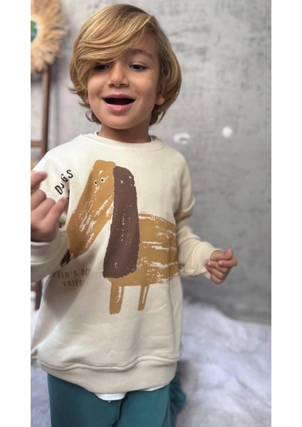 Erkek Çocuk Pamuklu Krem Köpek Desenli Sweatshirt ve Mavi Eşofman Altı Takım - Yumuşak Kumaş Konforu modelleri
