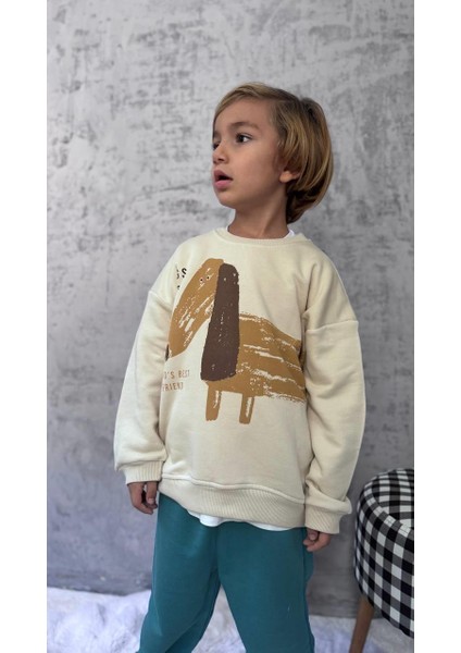 Erkek Çocuk Pamuklu Krem Köpek Desenli Sweatshirt ve Mavi Eşofman Altı Takım - Yumuşak Kumaş Konforu