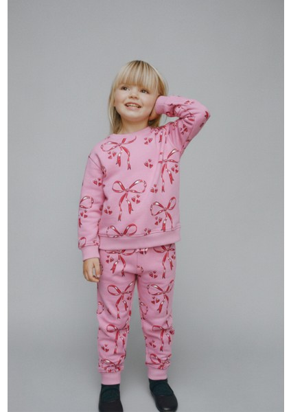 Kız Çocuk Pamuklu Pembe Kurdele Desenli Eşofman Takımı - Kalpli Desenli Sweat ve Alt