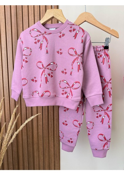 Kız Çocuk Pamuklu Pembe Kurdele Desenli Eşofman Takımı - Kalpli Desenli Sweat ve Alt fiyatları