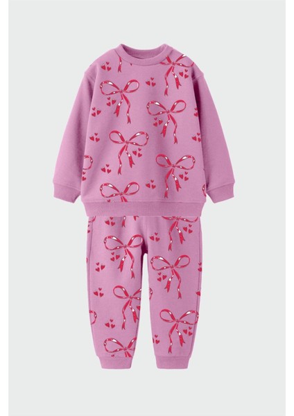Kız Çocuk Pamuklu Pembe Kurdele Desenli Eşofman Takımı - Kalpli Desenli Sweat ve Alt modelleri