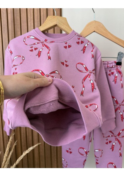 Kız Çocuk Pamuklu Pembe Kurdele Desenli Eşofman Takımı - Kalpli Desenli Sweat ve Alt fırsatları