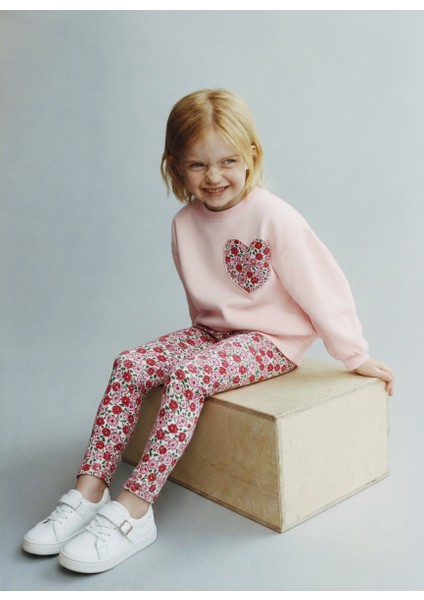 Kız Çocuk Pamuklu Pembe Kalp Desenli Sweatshirt ve Çiçekli Tayt Takım