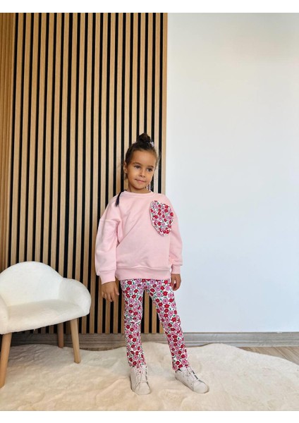 Kız Çocuk Pamuklu Pembe Kalp Desenli Sweatshirt ve Çiçekli Tayt Takım modelleri