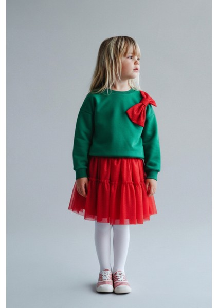 Kız Çocuk Pamuklu Yeşil Üst Kırmızı Tüllü Kurdele Detaylı Yeni Yıl Takımı