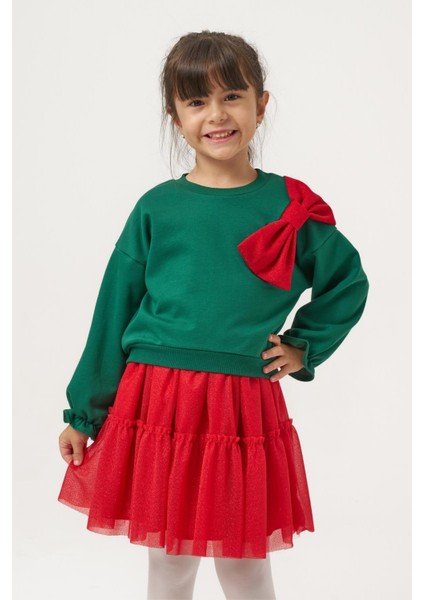Kız Çocuk Pamuklu Yeşil Üst Kırmızı Tüllü Kurdele Detaylı Yeni Yıl Takımı fiyatları