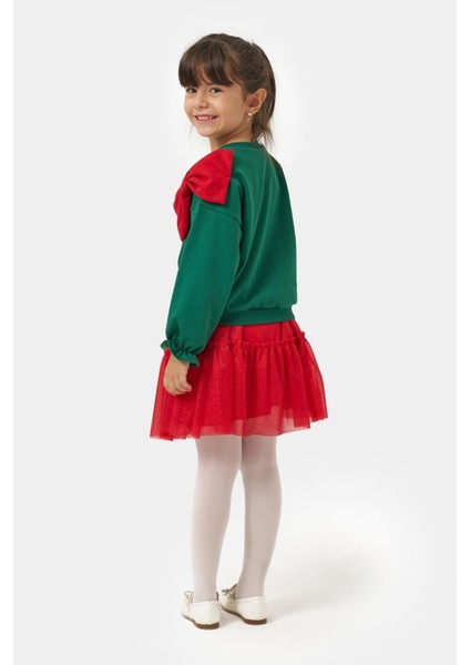 Kız Çocuk Pamuklu Yeşil Üst Kırmızı Tüllü Kurdele Detaylı Yeni Yıl Takımı modelleri