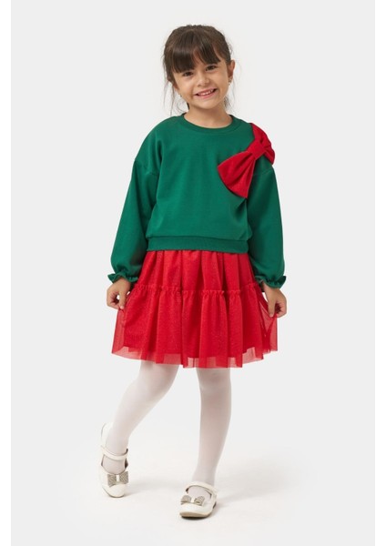 Kız Çocuk Pamuklu Yeşil Üst Kırmızı Tüllü Kurdele Detaylı Yeni Yıl Takımı indirimleri