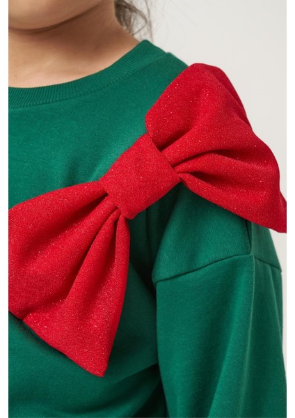 Kız Çocuk Pamuklu Yeşil Üst Kırmızı Tüllü Kurdele Detaylı Yeni Yıl Takımı