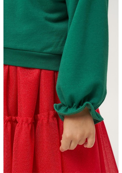 Kız Çocuk Pamuklu Yeşil Üst Kırmızı Tüllü Kurdele Detaylı Yeni Yıl Takımı