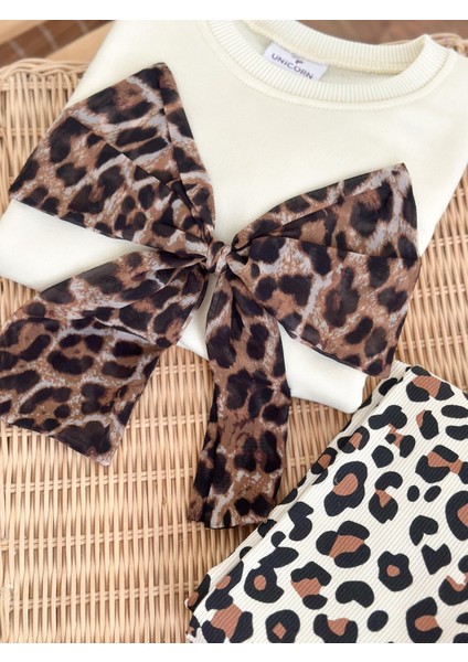 Kız Çocuk Pamuklu Krem Leopar Fiyonk Sweatshirt Takım - Leopar Desenli Taytlı Günlük Model fırsatları