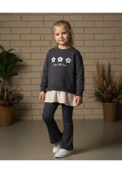 Kız Çocuk Pamuklu Antrasit Çiçek Nakışlı Sweatshirt ve Flare Tayt Takım - Katmanlı Fırfır Detaylı fiyatları