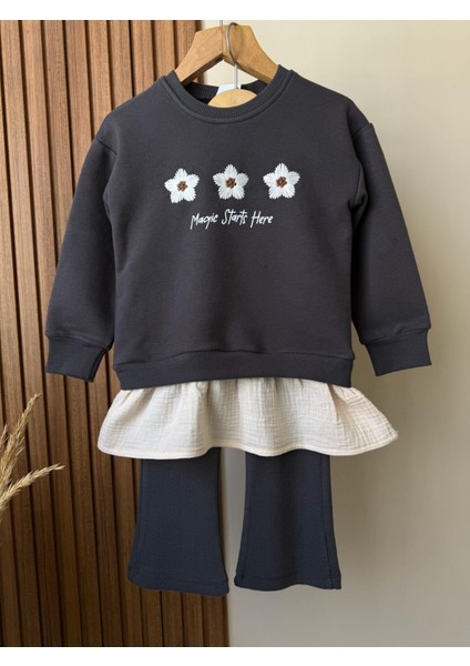 Kız Çocuk Pamuklu Antrasit Çiçek Nakışlı Sweatshirt ve Flare Tayt Takım - Katmanlı Fırfır Detaylı modelleri
