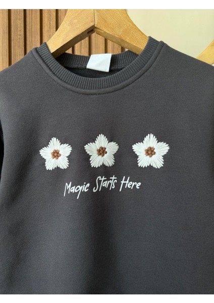 Kız Çocuk Pamuklu Antrasit Çiçek Nakışlı Sweatshirt ve Flare Tayt Takım - Katmanlı Fırfır Detaylı fırsatları