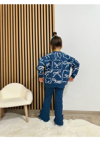 Kız Çocuk Pamuklu Lacivert Fiyonk Desenli Sweatshirt ve Volan Paça Eşofman Takımı