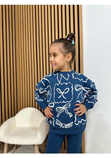 Kız Çocuk Pamuklu Lacivert Fiyonk Desenli Sweatshirt ve Volan Paça Eşofman Takımı