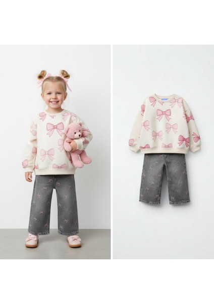 Kız Çocuk Pamuklu Krem Pembe Fiyonk Desenli Sweatshirt ve Gri Nakışlı Jean Takım - Günlük Şık Kombin fiyatları