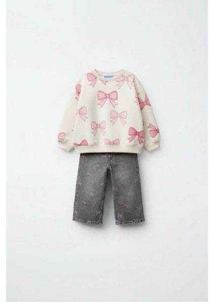 Kız Çocuk Pamuklu Krem Pembe Fiyonk Desenli Sweatshirt ve Gri Nakışlı Jean Takım - Günlük Şık Kombin fırsatları